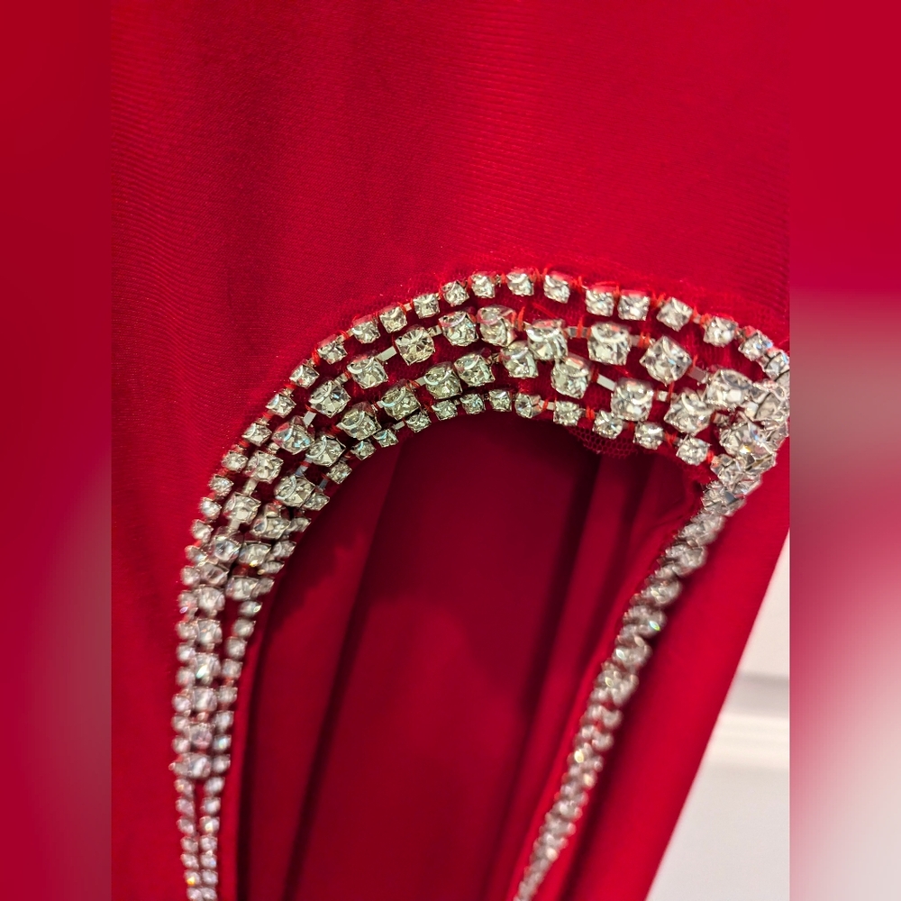 NWT Ieena For Mac Duggal Red Halter high slit long maxi dress rhinestone gown 8 - Picture 8 of 16